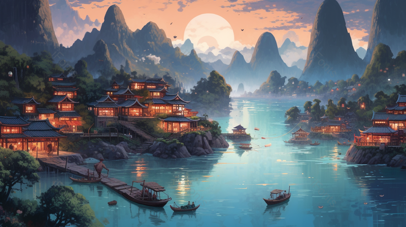 新中式唯美月色风景写实山水画,插画/手绘图,插画/手绘图库,插画/手绘图下载,插画/手绘